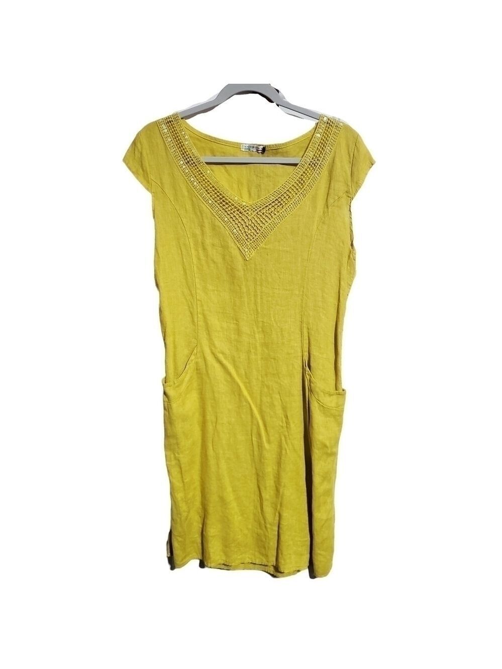 Made in Italy Linen Mustard yellow shift dress knitting & sequin V neck